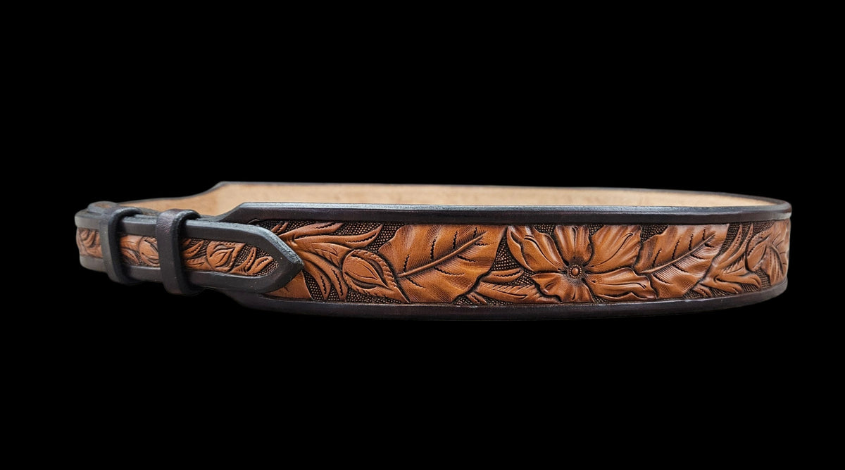 34" floral carved tapered belt